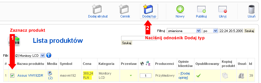 Rys. 4.37. VirtueMart Administration: Product Types Management - Adding new Product Type to a Product FASE 1