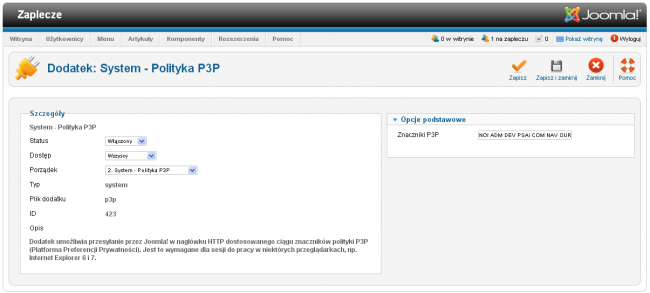 Strona edytor własności dodatku System - Polityka P3P