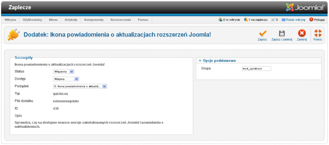 Strona edytora własności dodatku Ikona powiadomienia o aktualizacjach Joomla!