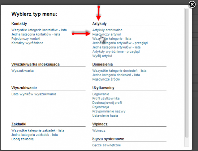 Opcja "Typ menu" odpowiada za sposób wyświetlania artykułów. Ten przykład ilustruje wygląd szablonu artykułu.