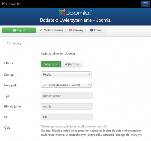 Strona edytora własności dodatku Uwierzytelnianie - Joomla