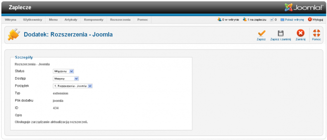 Strona edytor własności dodatku Rozszerzenia - Joomla