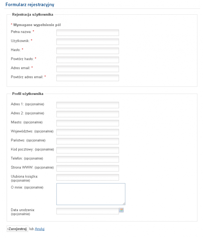 Układ strony typu „Rejestracja” z dodatkowymi informacjami profilowymi