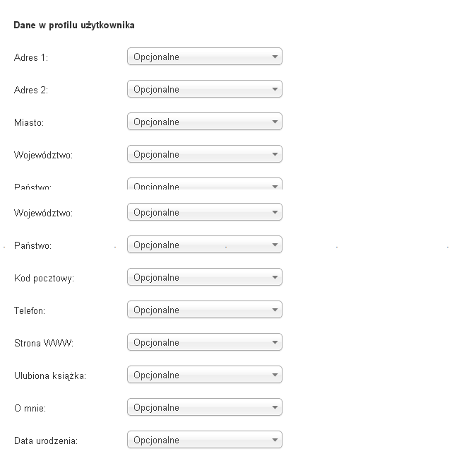 Konfiguracja opcji profilu w edytorze dodatku Użytkownik - Profil