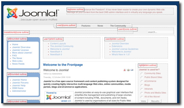 Typowa strona Joomla z podglądem pozycji modułów.