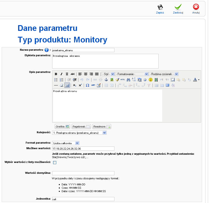 Figure 4.35. Zarządzanie VirtueMart: Zarządzanie typami produktów - Dane parametru