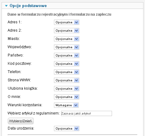 Konfiguracja opcji podstawowych w edytorze dodatku Użytkownik - Profil