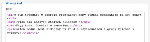 Przykład kodowania w module Własny HTML. W ustawieniach konta użytkownika włączono edytor CodeMirrod: