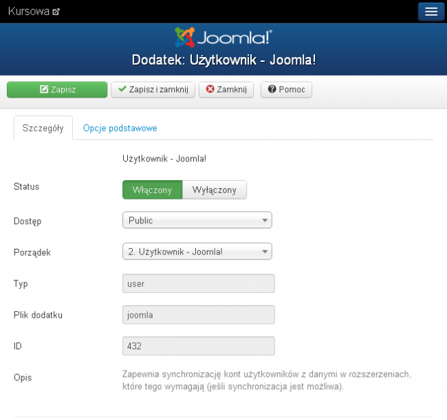 Strona edytor własności dodatku Użytkownik - Joomla!
