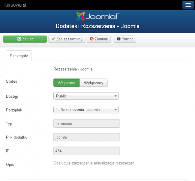 Strona edytor własności dodatku Rozszerzenia - Joomla