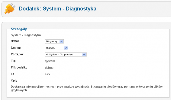 Strona edytor własności dodatku System - Diagnostyka