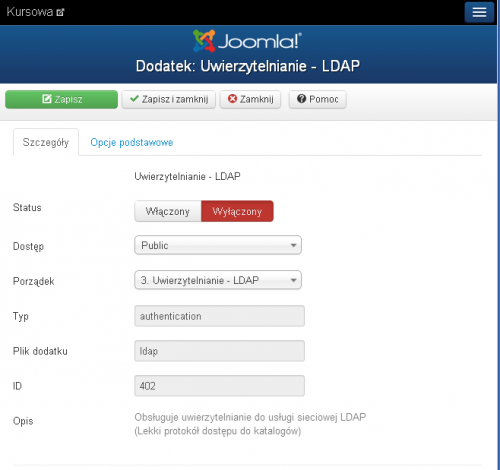 Strona edytora własności dodatku Uwierzytelnianie - LDAP