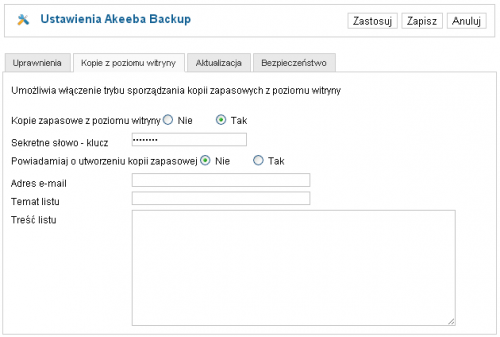 Konfiguracja komponentu Akeeba Backup