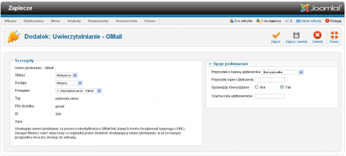Strona edytora własności dodatku Uwierzytelnianie - GMail
