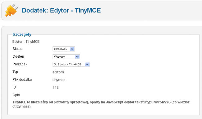 Strona edytor własności dodatku Edytor - TinyMCE