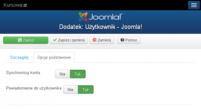 Ustawienia opcji podstawowych dodatku Użytkownik - Joomla!