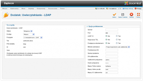 Strona edytora własności dodatku Uwierzytelnianie - LDAP